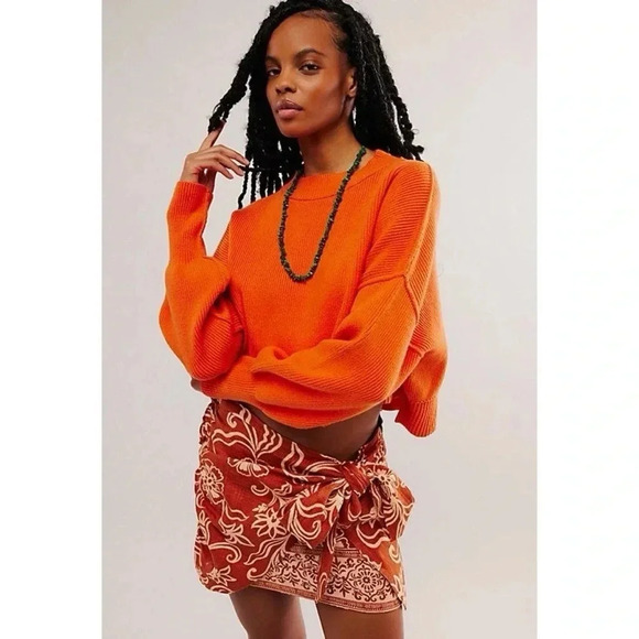 New Free People Easy Street Crop Pullover Crewneck Sweater Oversized Rib Orange - Picture 1 of 7